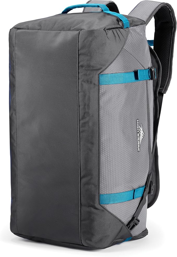 High Sierra Fairlead Convertible Duffel Bag, Lightweight and Durable Weekender Duffel, easily converts into backpack, 64L Capacity, Steel Gray/Mercury/Blue