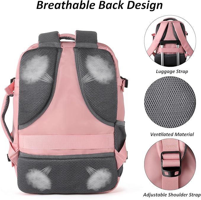 TANTOMI Small Travel Backpack for Women, 15.6 Inch Laptop Backpack Flight Approved, Carry-On Bags with USB Charging Port & Shoe Pouch, Casual Daypack on Airplane for Weekender Work Business, Pink