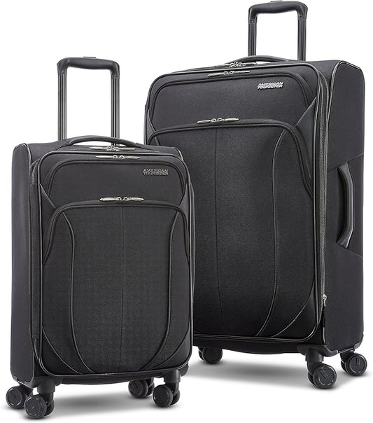 American Tourister 4 KIX 2.0 Expandable Softside Luggage with Spinner Wheels, 2PC SET (20/24), Black