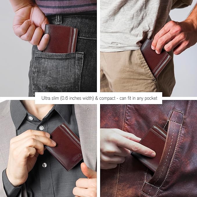 Real Leather Mens Trifold Wallet RFID Blocking Slim Minimalist Front Pocket - Thin & Stylish with ID Window in Gift Box