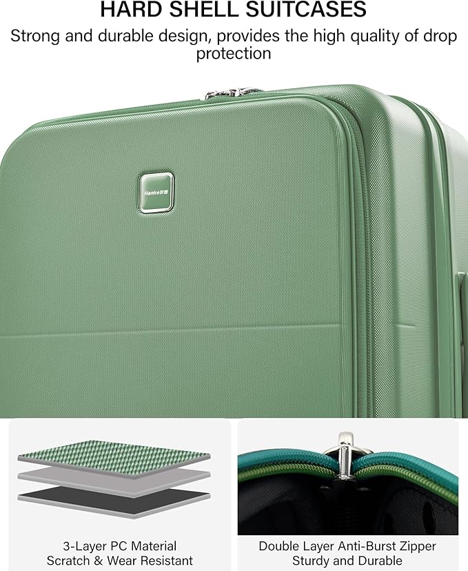 Hanke 24 Inch Expandable Checked Luggage with Cup Holder and Charger Port,Top Opening Hard Shell Suitcases with Wheels, Medium Travel Rolling Suitcase Trunk Luggage with Lock, Forest Green