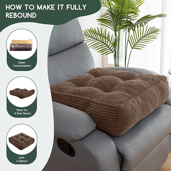HIGOGOGO Tufted Corduroy Recliner Seat Cushion for Elderly, 20x20x6 Inch Extra Large Square Seat Cushion for Recliner Chair, Floor Pillow, Office Chair, Car, No Pressure on Thighs, Brown