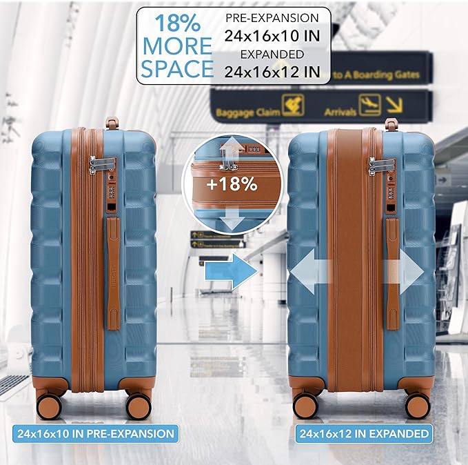 Flight Knight 24x16x10 Expandable Carry On Suitcase Hardside TSA Lock USB C Lightweight Luggage Silent Double Spinner Wheels Maximum Overhead Carry-On Bag For Virgin South West Approved Blue/Tan