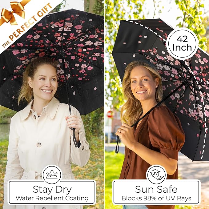 TUMELLA Strongest Windproof Travel Umbrella (Compact, Superior & Beautiful), Small, Wind-Tested, Light & Portable, Automatic Folding Rain Umbrella, Durable Premium Grip, Fits Car and Backpack