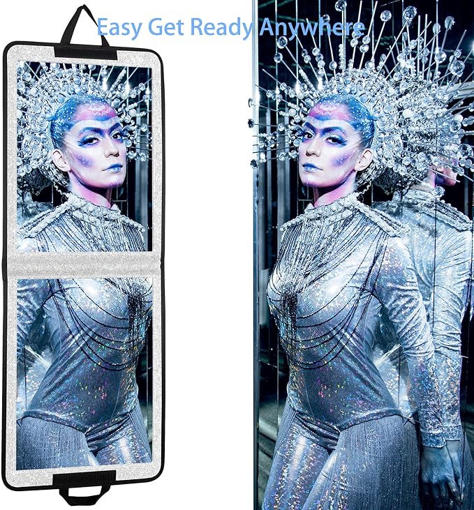LPHUMEX Foldable Full Length Mirror Glitter Silver, 13x33 Portable Body Mirror for Travel, Dance, Festival