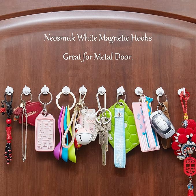 Neosmuk Magnetic Hooks,30lb+ Heavy Duty Earth Magnets with Hook for Refrigerator, Extra Strong Cruise Hook for Hanging, Magnetic Hanger for Cabins, Grill (White, 6 Pack)