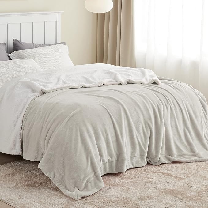 Bedsure GentleSoft Sherpa Fleece Blankets King Size for Bed, Non-Heated, Thick and Warm Throw for Women and Men, Soft Fuzzy Plush King Blanket for Winter, Linen, 108x90 Inches