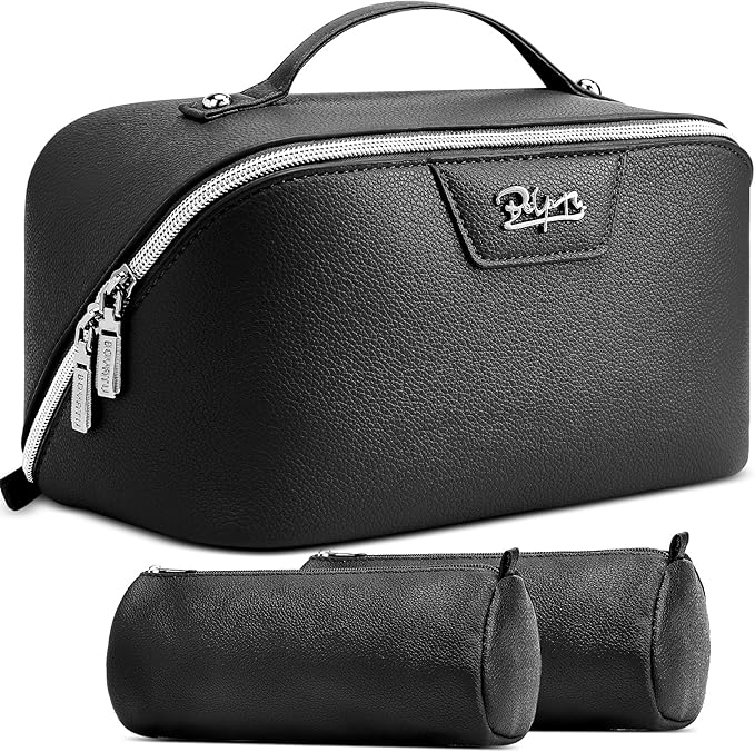 BOYATU Travel Makeup Bag Cosmetic Bags for Women: Large Capacity 3 Pcs Set Make up Bag with Compartments - Waterproof Vegan Leather Toiletry Organizer Bags with Handle (L26Black)