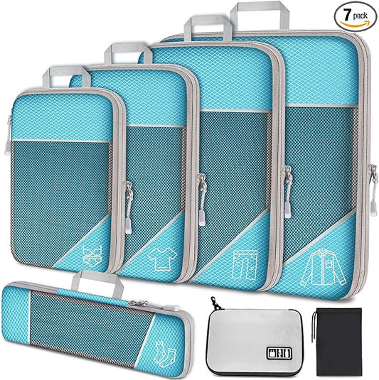 NiHome 7PCS Compression Packing Cube Set Expandable Mesh Travel Bag Luggage Organizers with Electronic Cable Cord Charger Organizer Drawstring Bag for Trip Home Storage Travel Gear Accessories (Blue)