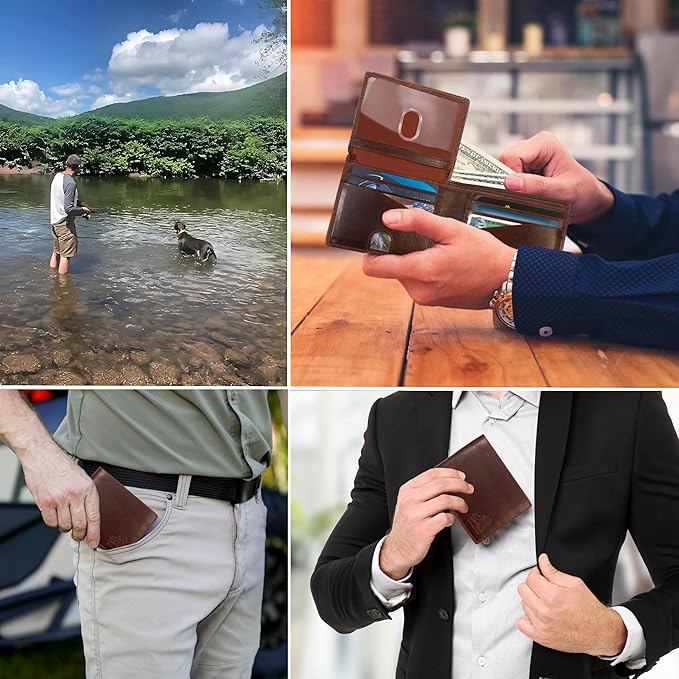 Mens RFID Blocking Bifold Wallet Supple Top Grain Leather Secure and Durable Extra Capacity Billfold with 11 Credit Cards Slots, Flip Up ID, Tight Stitching, Quick Thumb Push Access in Grizzly Brown