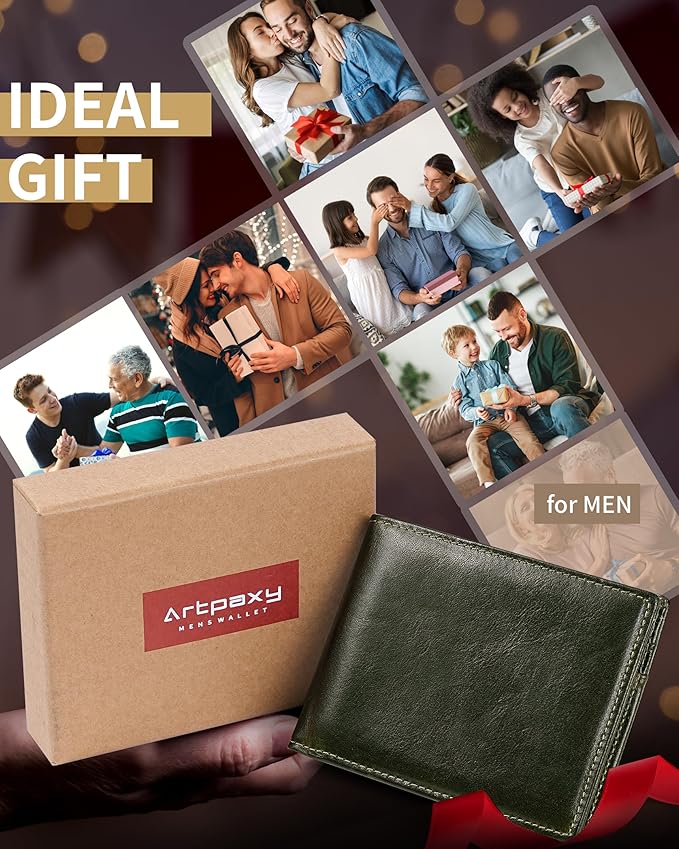 Artpaxy Mens Wallet Bifold Genuine Leather RFID Blocking Wallet for Men with 1 ID Windows 13 Card Holders 2 cash pockets 1 Gift Box