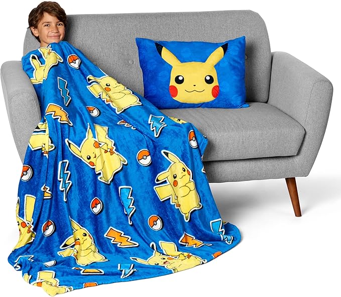 Northwest Pokémon Pika Pika Pikachu Plush Blanket 50" x 60" with 3D Plush Pocket Pillow 14" x 20" - Soft Pokemon Gifts for Boys and Girls- Comfy and Cozy Blanket Set