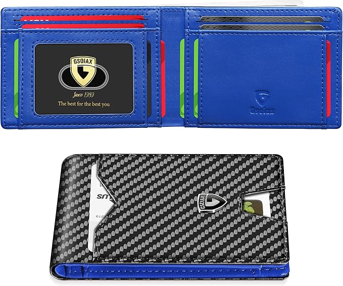 GSOIAX Slim Wallet for Men Rfid Blocking Leather Bifold Front Pocket Carbon Fiber Credit Card Holder Novelty Wallets With Gift Box (Blue and Carbon Black)
