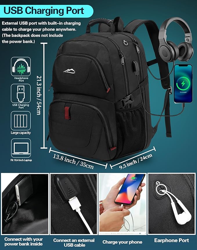ProEtrade Travel Backpack, Extra Large Laptop Backpack School Business Anti Theft TSA Approved College Work Computer Bag Fits 18.4 Inch Laptop with USB Charging Port Bookbag for Women Men(Black,L)