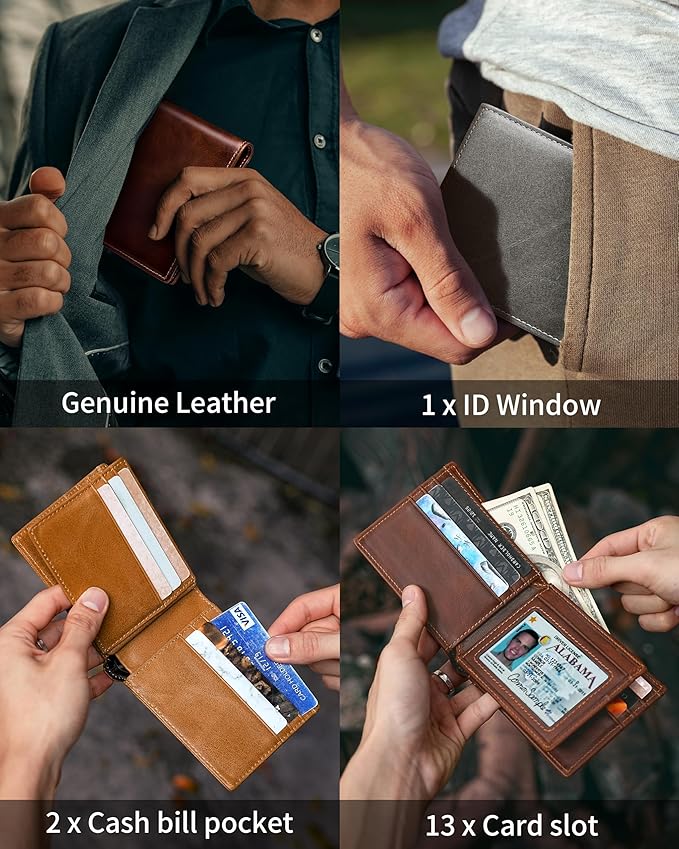 Artpaxy Mens Wallet Genuine Leather Bifold RFID Blocking Wallet for Men with 1 ID Window 13 Card Holders 2 cash pockets 1 Gift Box (Light Brown)