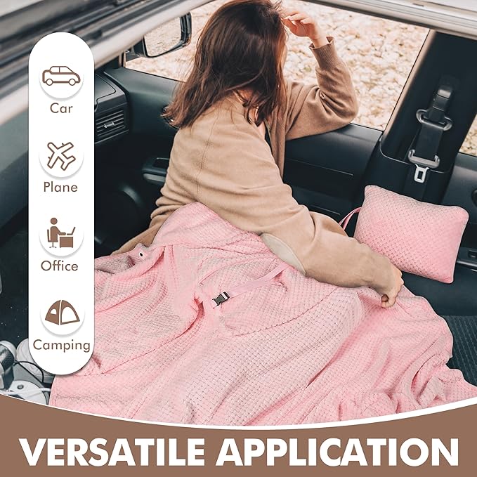 Tirrinia Travel Blanket and Pillow Set, Soft Compact Airplane Blanket with Foot Pockets, 4-in-1 Travel Essentials for Women Men, Portable Travel Gifts for Her, Travel Blanket for Airplanes, Cars