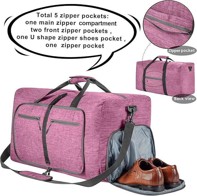 Vomgomfom 65L/85L/115L Foldable Travel Duffle Bag, Lightweight Checked Luggage with Shoe Compartment, Water-Resistant Weekender Overnight Bag for Men & Women