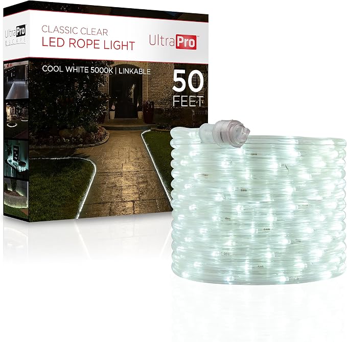 UltraPro 50 Foot LED Rope Lights, Clear Rope, Daylight 5000K, Outdoor