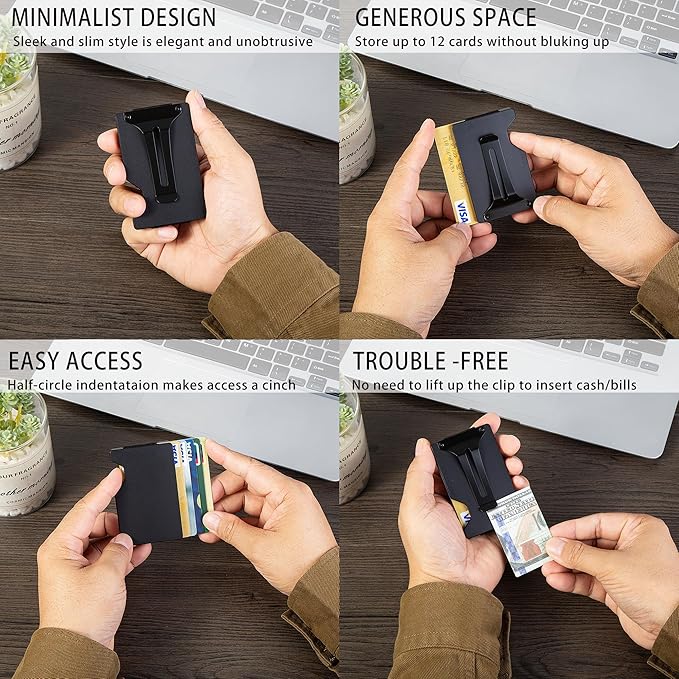Minimalist Carbon Fiber Wallet for Men, Money Clip Cash Strap Wallet, RFID Blocking Metal Wallet Aluminum Card Holder,Front Pocket Wallet(Matte Black)
