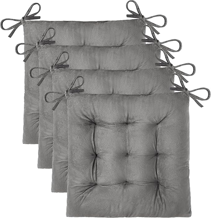 OVOV 4 Pack Chair Cushions for Dining Chairs Soft Seat Cushions for Kitchen Desk Chairs Square Chair Pads with Ties (15.5"x15.5" Light Grey)