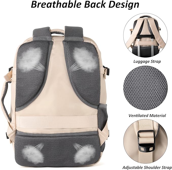 TANTOMI Travel Backpack for Women, 15.6 Inch Laptop Backpack Flight Approved, Small Carry-On Bags with USB Charging Port & Shoe Pouch, Casual Daypack on Airplane for Weekender Work Business, Beige