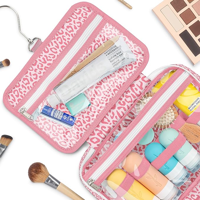Eco Sun Hanging Travel Toiletry Bag — Designed in Hawaii — Water-resistant Travel Organizer for Bathroom Accessories (Pink Leopard)