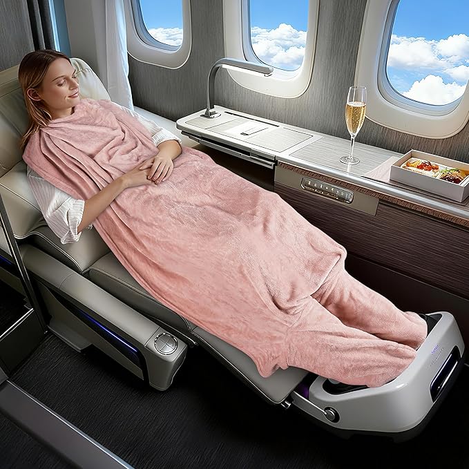 Tirrinia Travel Portable Blanket with Feet Pocket Airplane Office Poncho 4 in 1 Zippered Front Pocket Premium Cozy Fleece Blankets with Built-in Bag