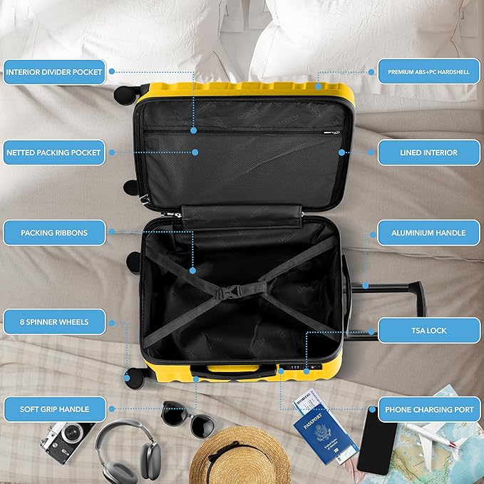 Flight Knight 24x16x10 Expandable Carry On Suitcase Hardside TSA Lock USB C Lightweight Luggage Silent Double Spinner Wheels Maximum Overhead Carry-On Bag For Virgin South West Approved Yellow