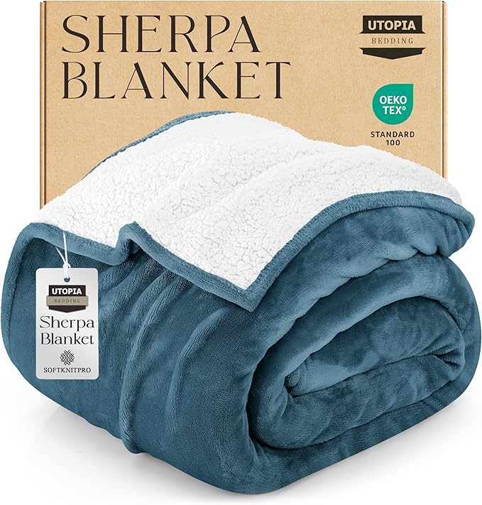 Utopia Bedding Sherpa Blanket King Size (Stone Blue, 90x102 Inches) - Soft Lightweight Plush Fleece Reversible Blanket for Bed, Sofa, Couch, Camping and Travel