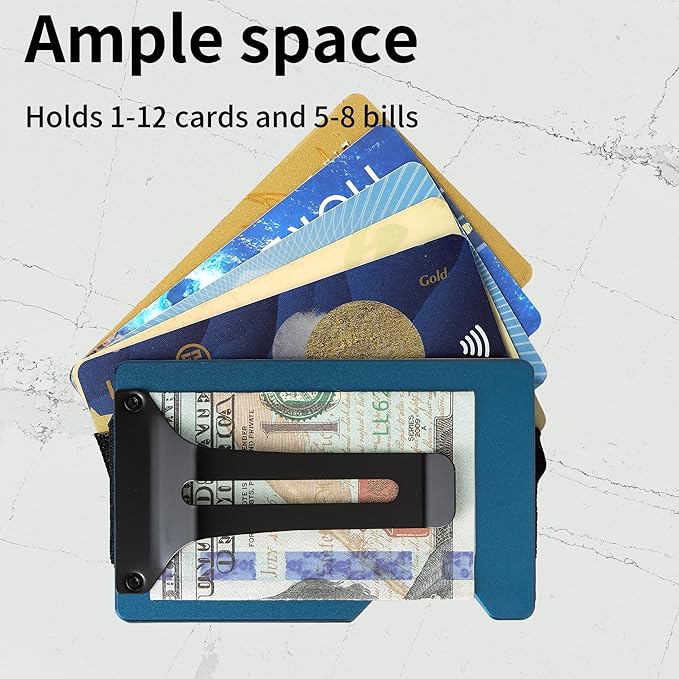 Minimalist Carbon Fiber Wallet for Men, Money Clip Cash Strap Wallet, RFID Blocking Metal Wallet Aluminum Card Holder,Front Pocket Wallet(Matte Blue)