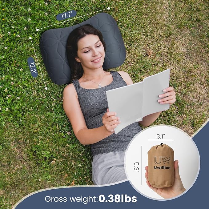 Camping Pillow with Removable Cover - Ultralight Inflatable Pillow for Camping Lightweight, Ergonomic and Washable for Camping, Hiking, and Travel Gray