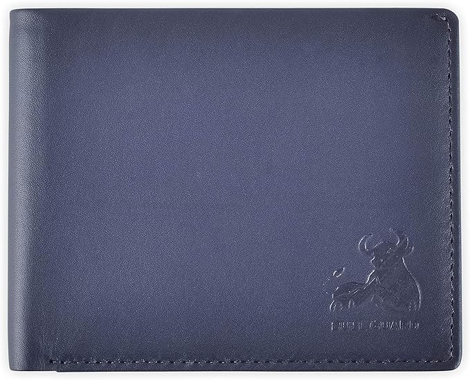Mens RFID Blocking Bifold Wallet Napa Top Grain Leather, Secure and Durable Extra Capacity Billfold with 11 Credit Cards & Flip Up ID in Storm Cloud Blue with Tight Stitching, Quick Thumb Push Access