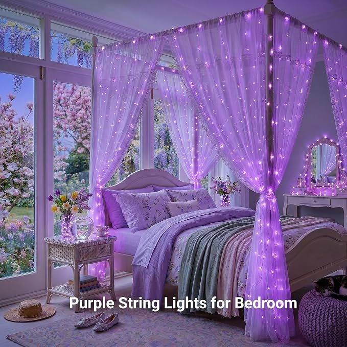 JMEXSUSS 200 LED Purple String Lights Indoor Outdoor Clear Wire | 66ft, Plug in, 8 Modes, Connectable Halloween Lights for Tree Fireplace Bedroom Garden Party Xmas Decorations