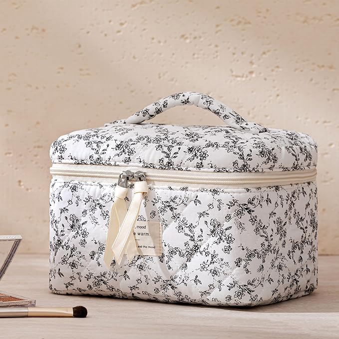HBselect Quilted Makeup Bag, 3PCS Cotton Large Travel Makeup Bag, Cute Floral Coquette Make up Bag Cosmetic Bag Toiletry Bag for Women Girls