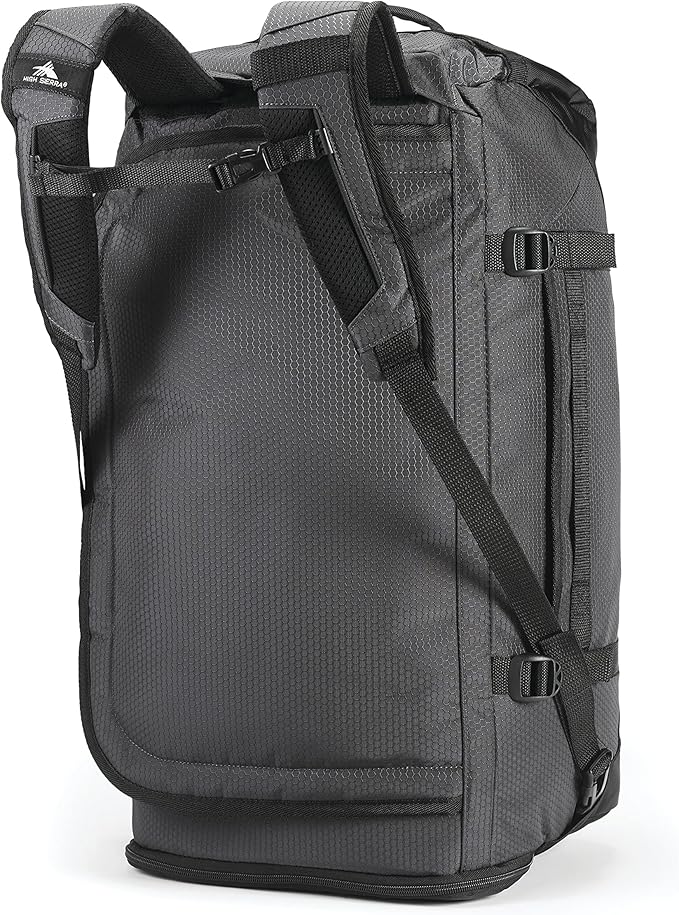 High Sierra Fairlead Travel Overnight Duffel Backpack Gym Bag with Padded Handles, Compression Straps, and Multiple Pockets, Mercury/Black