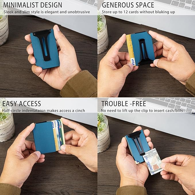 Minimalist Carbon Fiber Wallet for Men, Money Clip Cash Strap Wallet, RFID Blocking Metal Wallet Aluminum Card Holder,Front Pocket Wallet(Matte Navy)