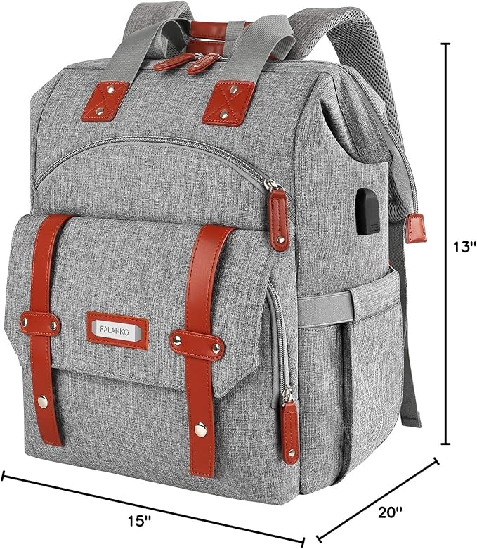 FALANKO Laptop Backpack for Women, Work Doctor Teacher Nurse Wide Open College School Student 17.3 Inch Laptops Bookbag Purse Travel RFID Computer Bag for Men Women Girls Grey