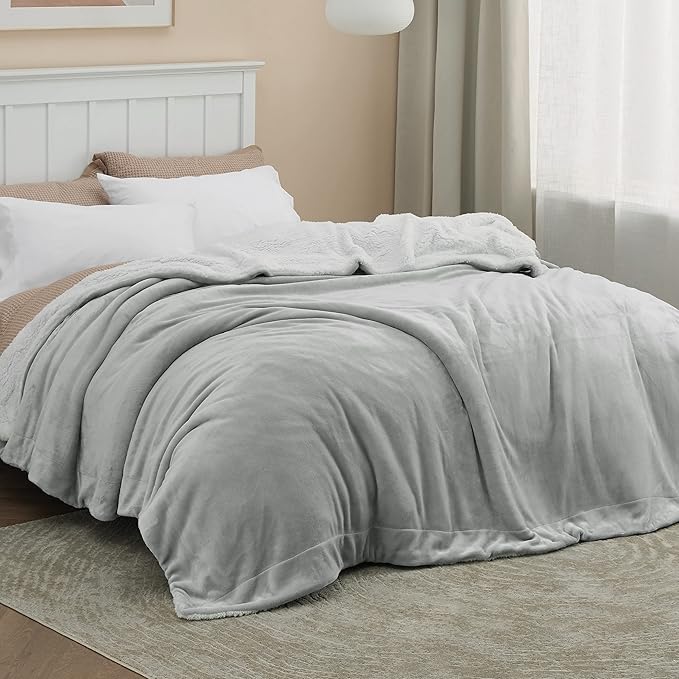 Bedsure GentleSoft Sherpa Fleece Blankets King Size for Bed, Non-Heated, Thick and Warm Throw for Women and Men, Soft Fuzzy Plush King Blanket for Winter, Light Grey, 108x90 Inches