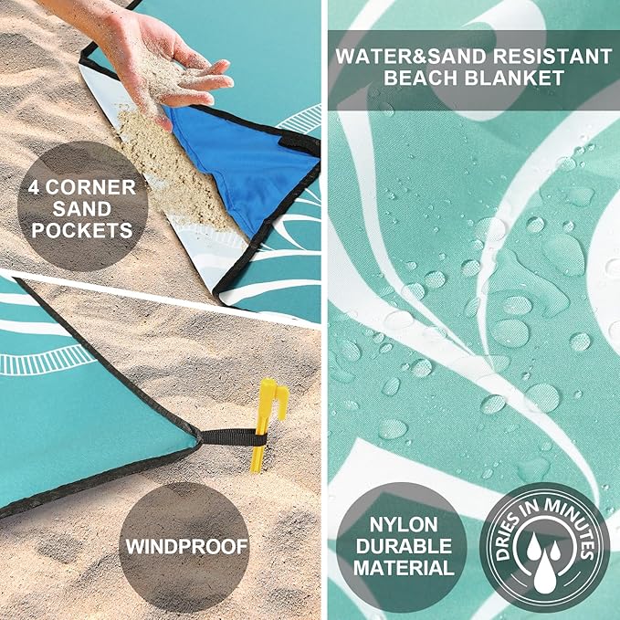 Beach Blanket Sandproof Extra Large Beach Mat Adults Waterproof Quick Drying Sand Free Mat Made by Premium Polyester with 4 Stakes & 4 Corner Pockets for Outdoor Travel Camping Hiking