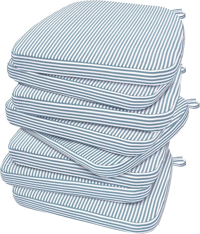 AAAAAcessories D-Shaped Chair Cushions, 2" Thick Dining Chair Pads with Ties and Removable, Machine-Washable Cover, 17" x 16", Set of 8, Pinstripe Blue