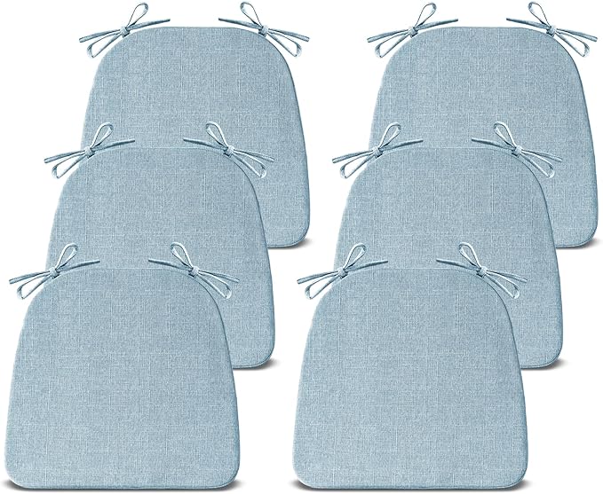Chair Cushions for Dining Chairs Set of 6, Non Slip Kitchen Chair Pads, 17" x 16" x 2", Indoor Dining Chair Cushions with Ties, D-Shaped Seat Cushions for Kitchen Chairs, Light Blue