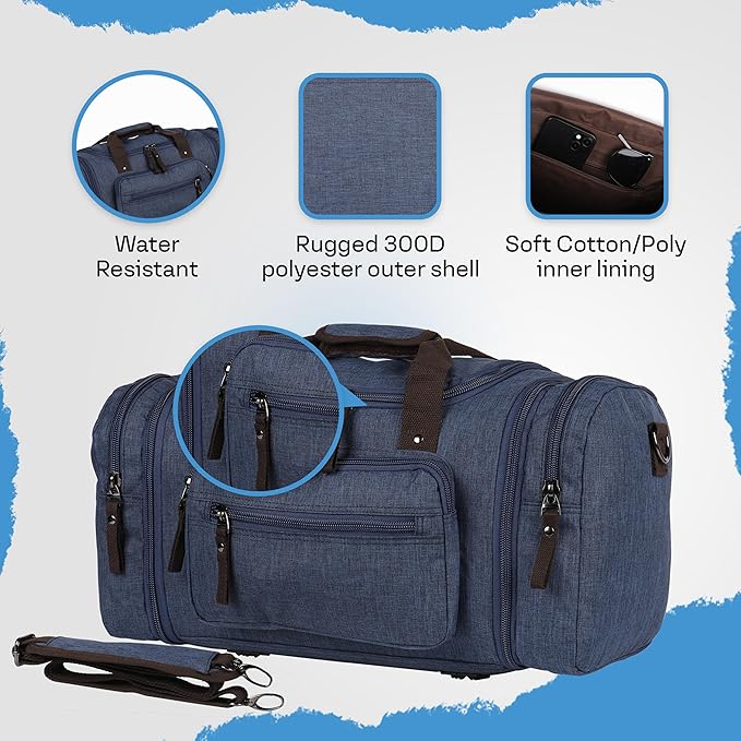 Duffle Bag for Travel 20–23” Expandable (40L) – Lightweight Water-Resistant Carry On Weekender with Multiple Pockets & Shoulder Strap – Airline Approved Travel Duffel Bags for Men & Women - BLUE