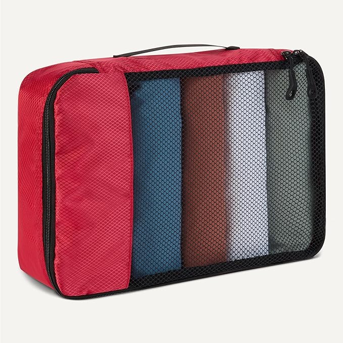 Amazon Essentials 4-Piece Packing Cubes Travel Accessories Set, Luggage Organizer with Double Zipper, Mesh Top, Space-Saving, 2 Medium/2 Large, Red (Previously Amazon Basics)