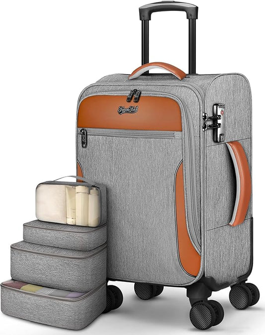 Carry On Luggage 22x14x9 Airline Approved, 20 Inch Softside Suitcase with 4 Pcs, Lightweight Luggage for Women Men with TSA Lock and 4 Spinner Wheels, Soft Side Carry-on Suitcases for Travel, Grey