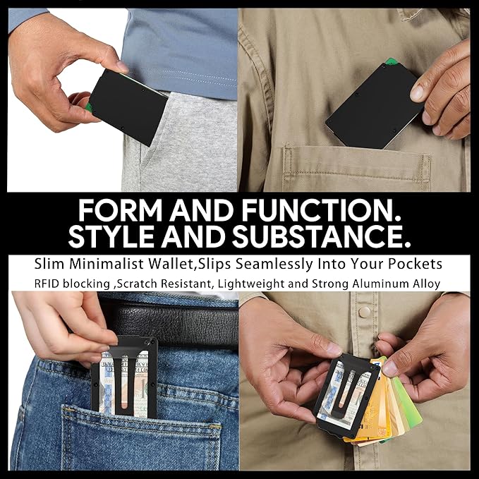 Minimalist Carbon Fiber Wallet for Men, Money Clip Cash Strap Wallet, RFID Blocking Metal Wallet Aluminum Card Holder,Front Pocket Wallet(Matt Black)