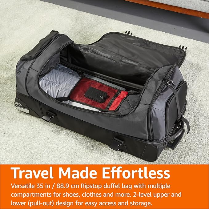 Amazon Basics 35-inch Large Rolling Duffel Bag with Wheels and Handle, Travel Duffle with Durable Ripstop Polyester Material, 2 Layers of Storage Space, Multiple Interior and Exterior Pockets, Black