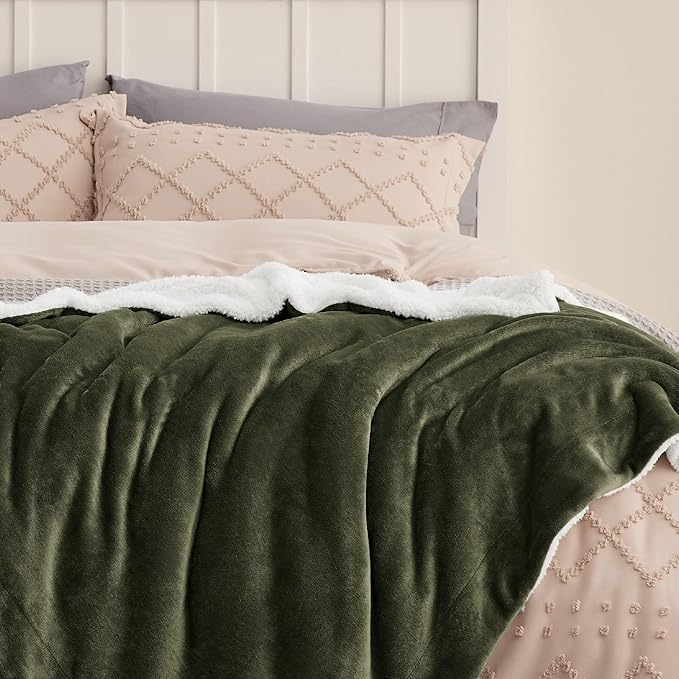 Bedsure GentleSoft Sherpa Fleece Throw Blanket for Couch, Non-Heated, Thick and Warm Throw for Women and Men, Soft Fuzzy Plush Blanket for Winter, Olive Green, 50x60 Inches
