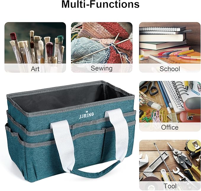 JJRING Craft Organizer Tote Bag for Art Storage, Caddy with Multiple Pockets, Bluish Green Sewing Bag for Scrapbooking, School, Medical, and Office Supplies