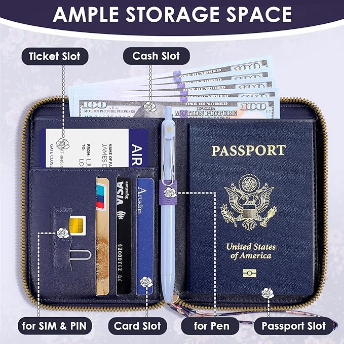 KONVINIT Passport Holder For Travel, RFID Blocking Leather Passport Cover For Travel Accessories, Passport Wallet with Zipper Closure, Cute Passport Book for Women and Men, Navy Blue Flowers