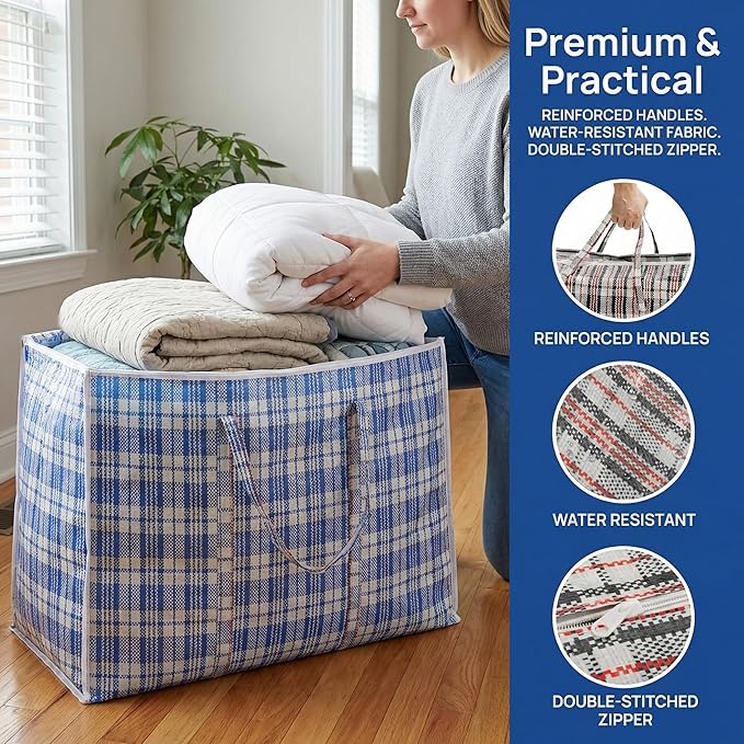 Hiceeden 9 Pack 108L Checkered Moving Storage Bags, Extra Large Travel Plaid Bag Alternative to Moving Boxes, Dorm Laundry Tote Organizer with Zipper and Handle for Clothes, Bedding, Red/Blue/Black